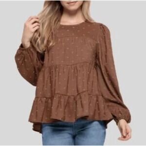 Altar'd State Chocolate Brown Cottagecore Babydoll Blouse S Long Sleeve Feminine